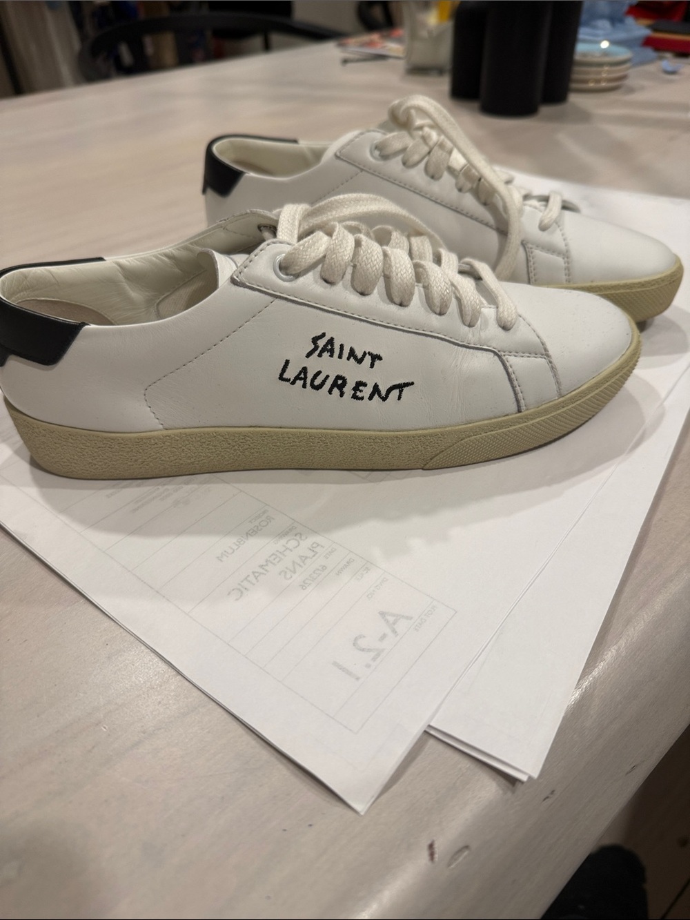 Saint Laurent White Leather Sneakers with Black Heel Tab and Beige Sole